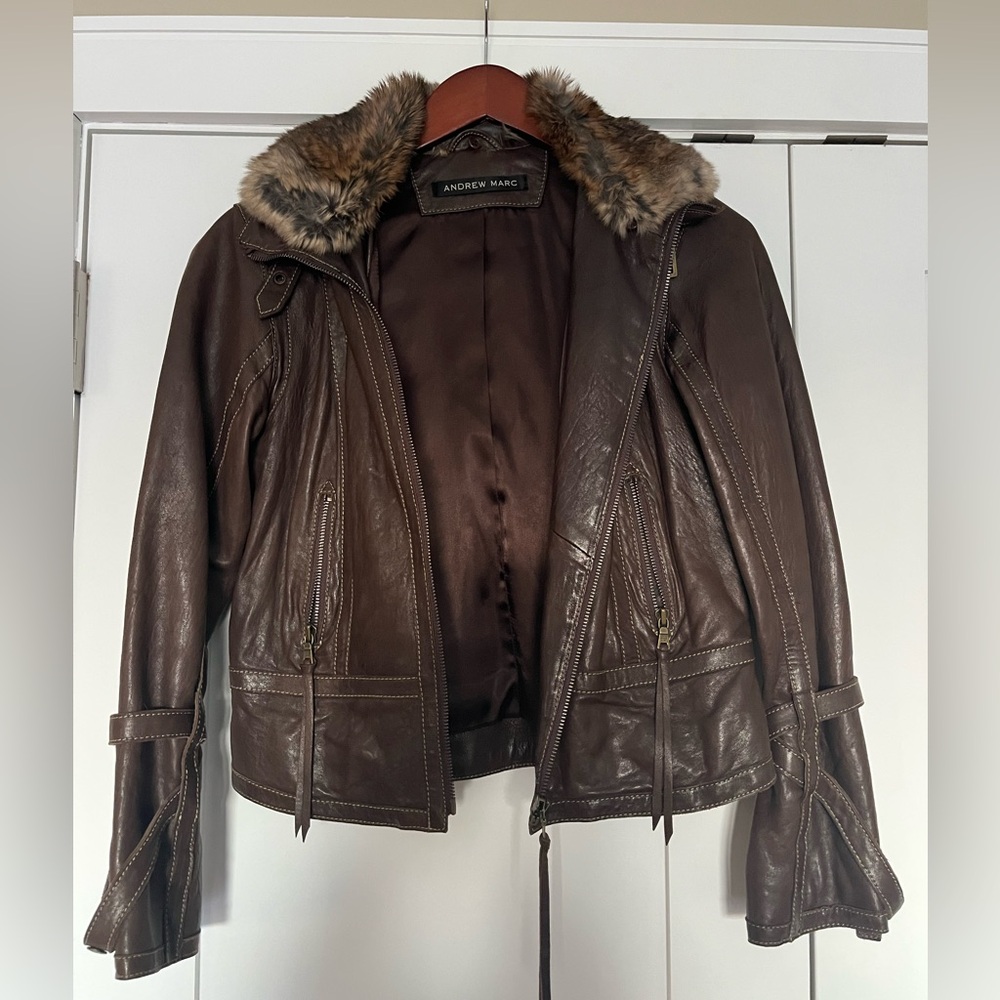 Andrew Marc brown leather jacket with fur collar